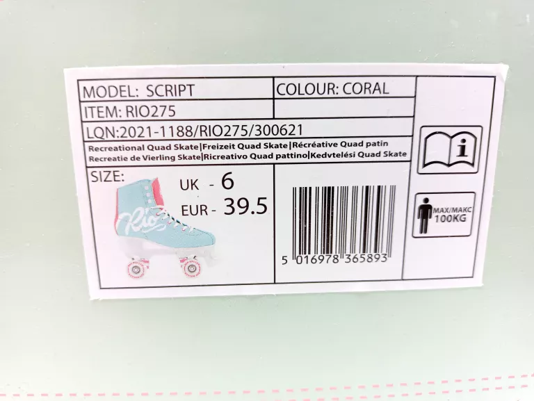 RIO ROLLER WROTKI SCRIPT TEAL/CORAL ROZM. 39.5