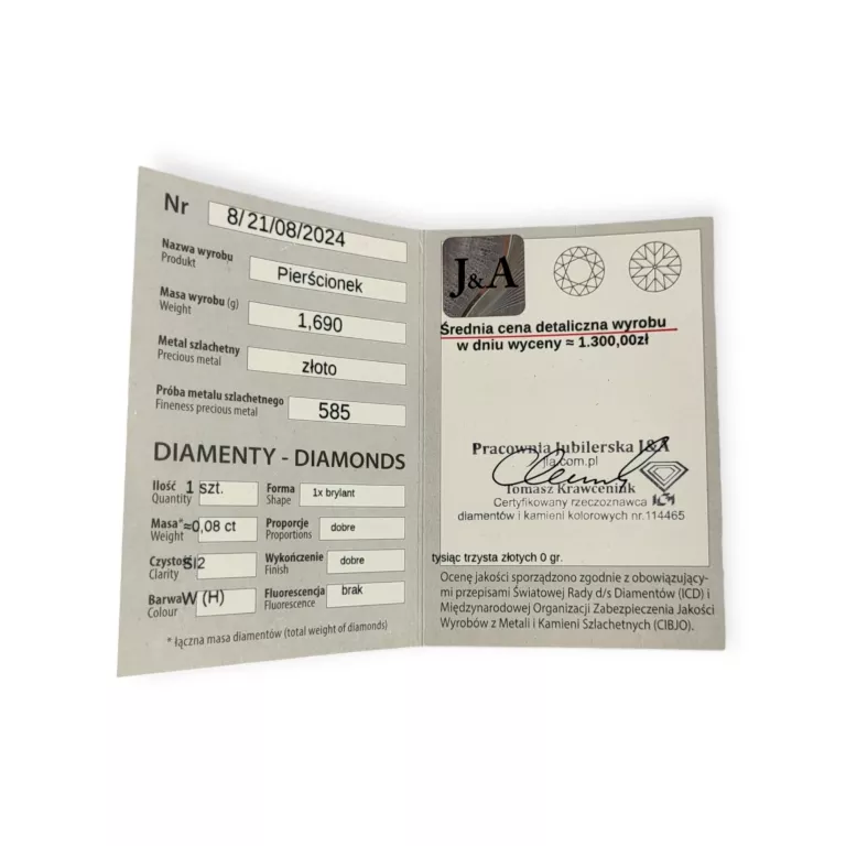 PIĘKNY ZŁOTY PIERŚCIONEK Z DIAMENTEM 1,68G 585 R.14