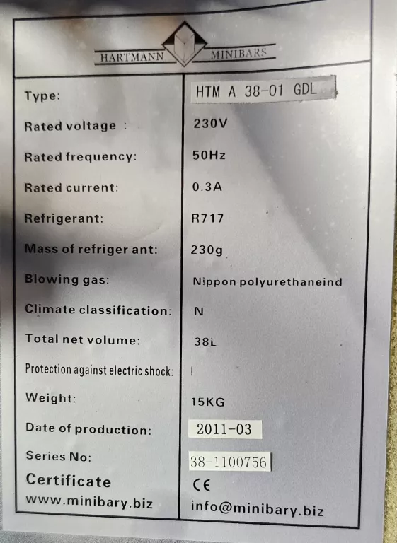 LODÓWKA HOTELOWA HARTMAN MINIBARS HTM A 38-01 GDL