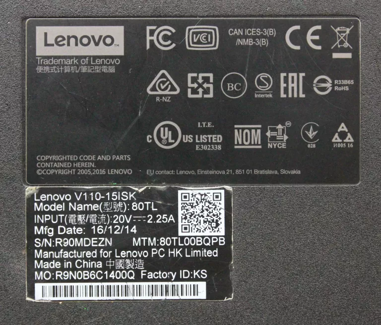 LAPTOP LENOVO V110-15ISK I3 2,0 GHZ 4/256 GB SSD