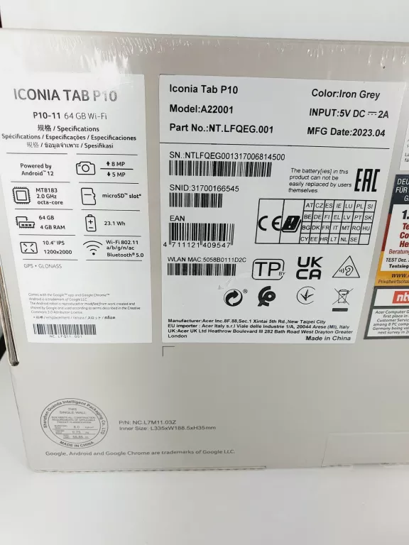 TABLET ACER ICONIA TAB P10 10,4" 4GB / 64GB 2K WIFI 5
