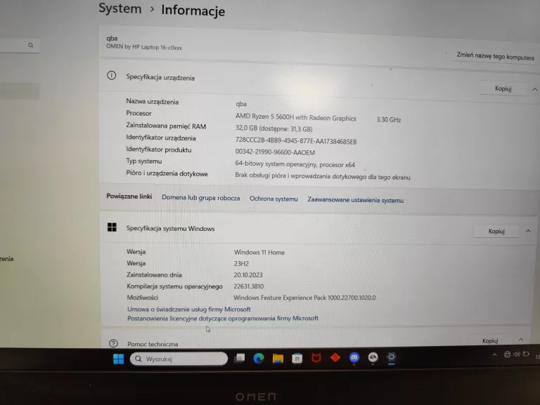 LAPTOP HP OMEN RTL8852AE RAM 32GB, AMD RYZEN5