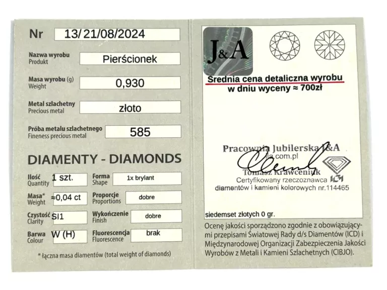 PIĘKNY ZŁOTY PIERŚCIONEK Z BRYLANTEM 0,95 585 R11