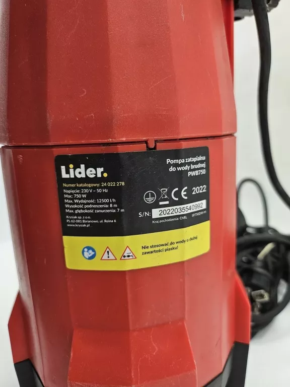 POMPA ZATAPIALNA DO WODY BRUDNEJ 750W LIDER PŁYWAK