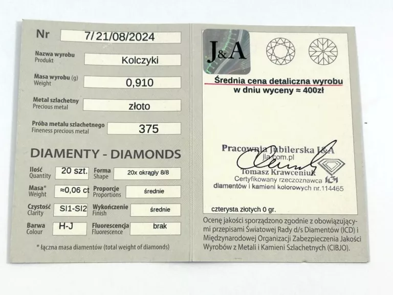 PIĘKNE ZŁOTE KOLCZYKI Z BRYLANTAMI 375 0,92G