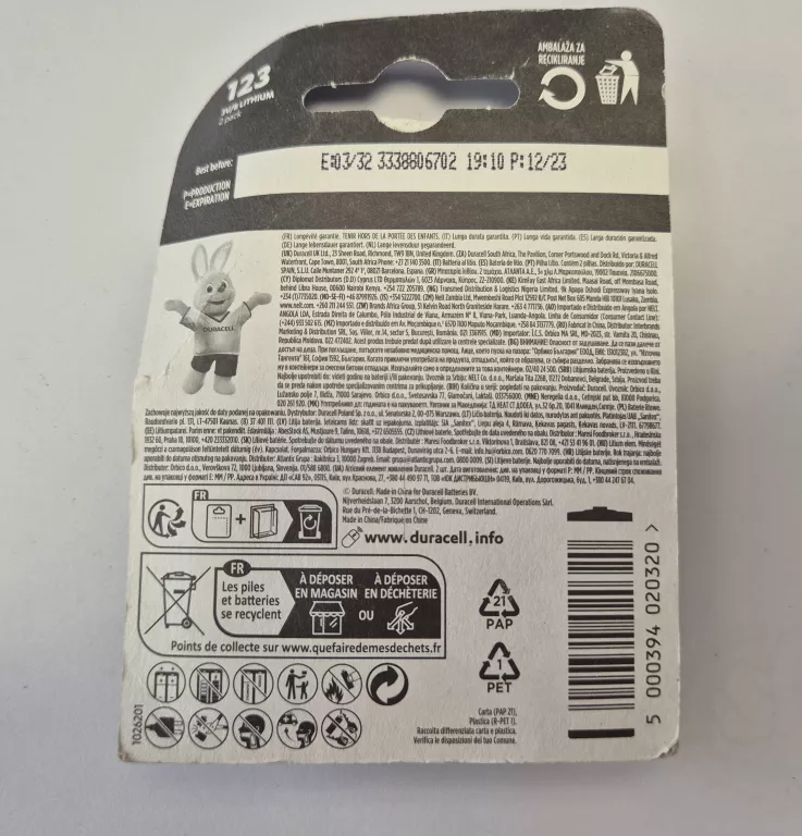 2X BATERIA LITOWA DURACELL CR123A 123