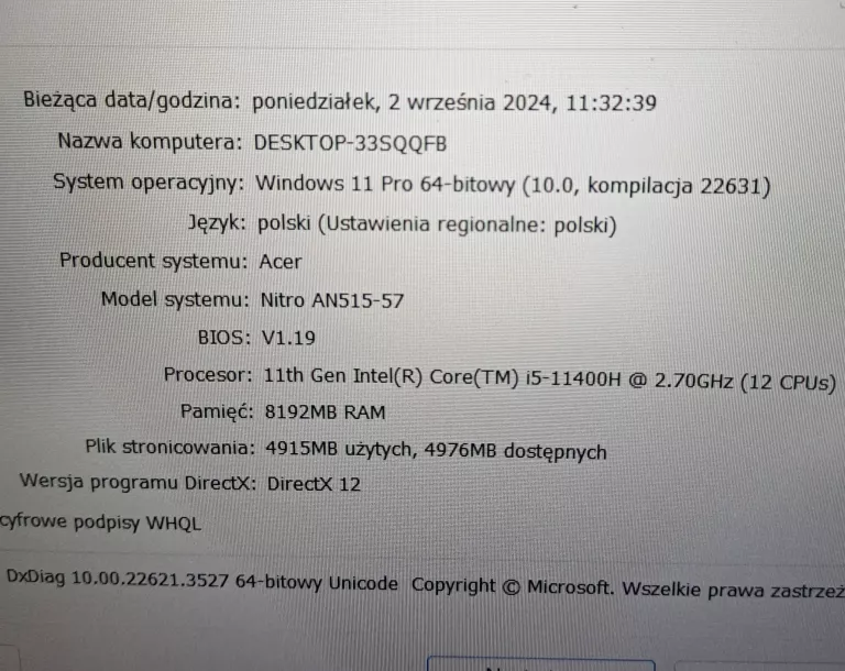 LAPTOP ACER NITRO 5 8/500GB 11TH GEN INTEL CORE I5/WIN 10 PRO+ŁA