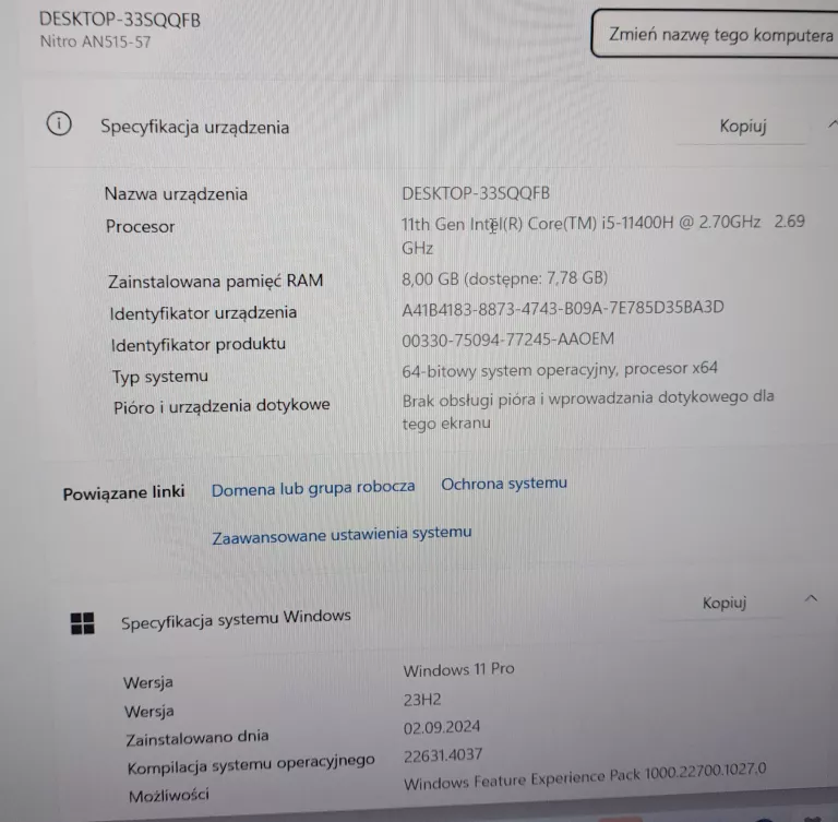 LAPTOP ACER NITRO 5 8/500GB 11TH GEN INTEL CORE I5/WIN 10 PRO+ŁA