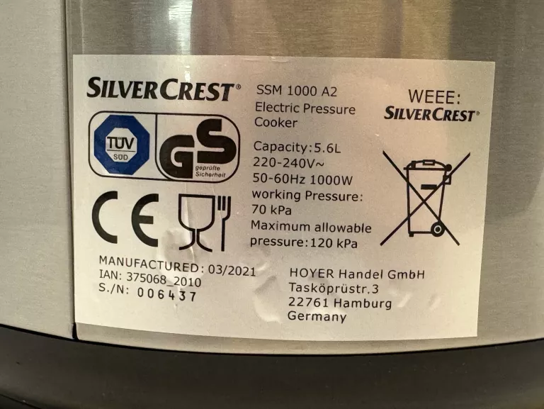 MULTICOOKER SZYBKOWAR SILVERCREST WIELOFUNKCYJNY SSM 1000 A2
