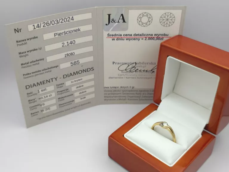 ZARĘCZYNOWY ZŁOTY PIERŚCIONEK Z DIAMENTEM - 585 14K R.19 2,14G CERT