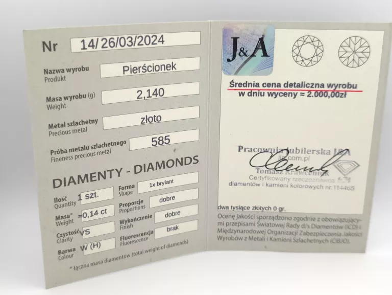ZARĘCZYNOWY ZŁOTY PIERŚCIONEK Z DIAMENTEM - 585 14K R.19 2,14G CERT