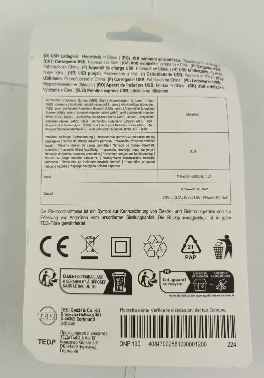 ŁADOWARKA SIECIOWA TEDI 3 PORTY 18W CZARNA