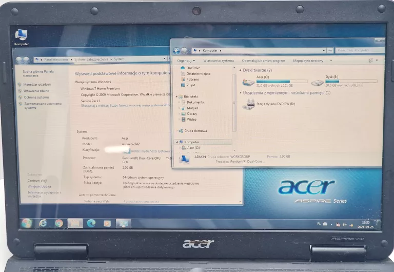 ACER ASPIRE INTEL T4500 2/250 GB 15,6" BAT. DO WYM.