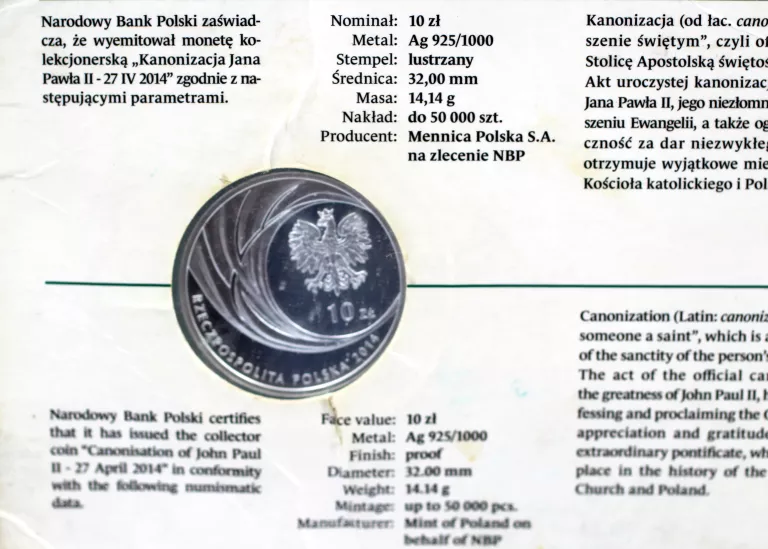 SREBRNA MONETA KANONIZACJA JANA PAWŁA II 27 IV 2014 P925