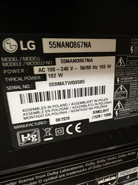 TELEWIZOR LG 55NANO867NA DWIE PIONOWE KRESKI NA MATRYCY