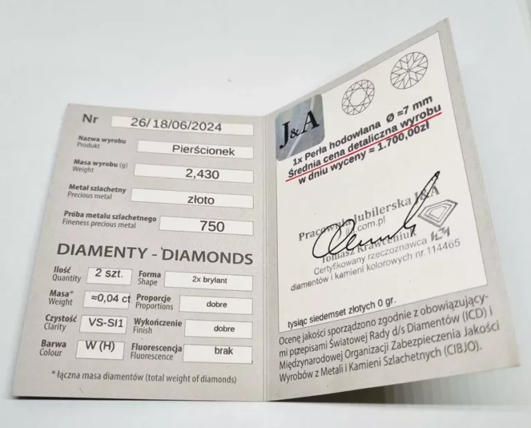 ZŁOTY PIERŚCIONEK Z PERŁĄ I BRYLANTAMI 2,43 G 750