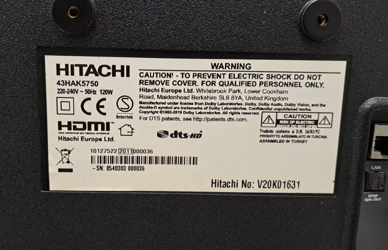 TELEWIZOR LED HITACHI 43HAK5750 43" 4K UHD CZARNY /OPIS