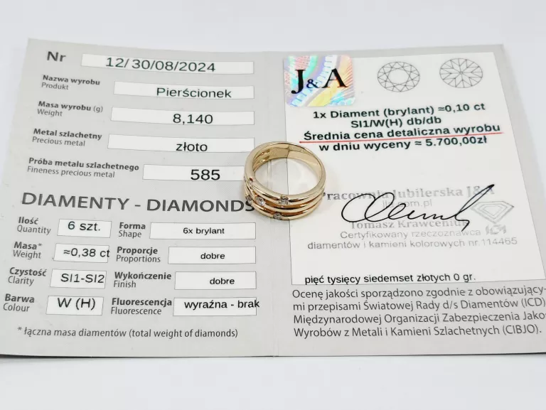 ZŁOTY PIERŚCIONEK Z BRYLANTAMI 8,14G 585 R16 CERTYFIKAT