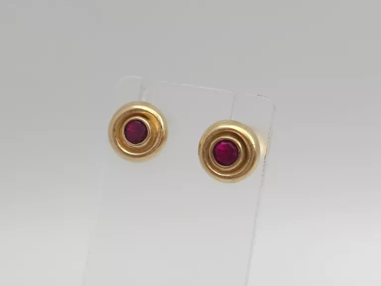 ZŁOTE KOLCZYKI CZERWONE CYRKONIE SZTYFT  - 585 14K 2,10G