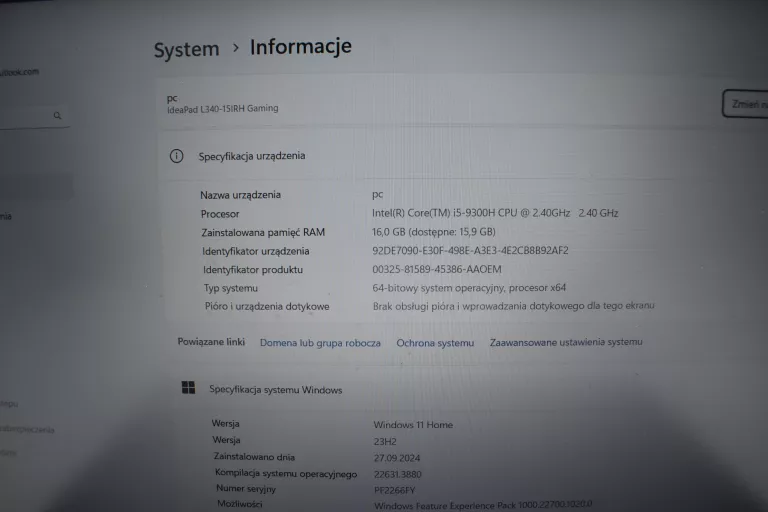 LAPTOP LENOVO IDEAPAD L340 GAMING I5-9300H/16GB RAM/500GB SSD/GTX1650