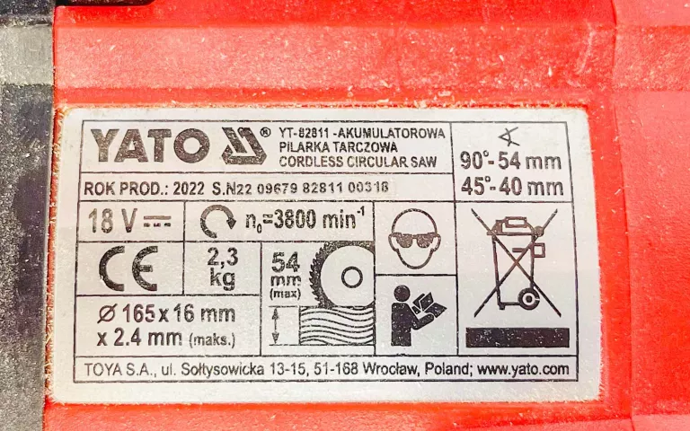 YATO PILARKA AKUMULATOROWA 165MM 18V PIŁA TARCZOWA KRAJZEGA DREWNA YT-8281