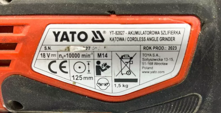 SZLIFIERKA KĄTOWA YATO 18V 125MM YT-82827
