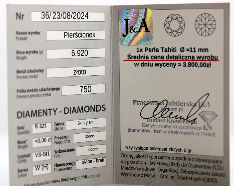 ZŁOTY PIERŚCIONEK Z PERŁĄ TAHITI R:23 W:6,92 P:750