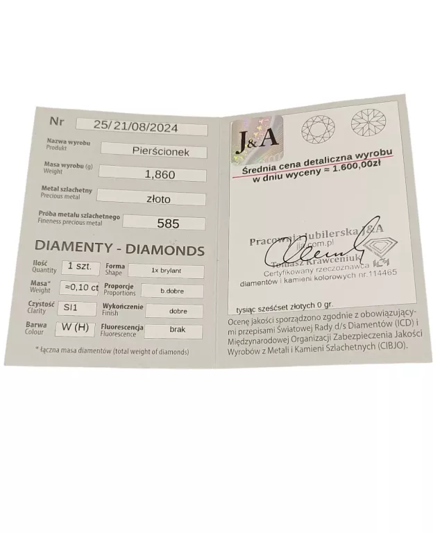 PIERŚCIONEK Z BRYLANTEM PR585 1,87G R13 0,10CT