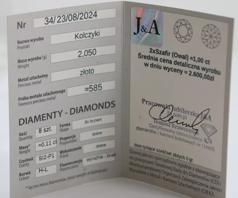 ZŁOTE KOLCZYKI Z SZAFIREM I BRYLANTAMI P:585 W:2,05