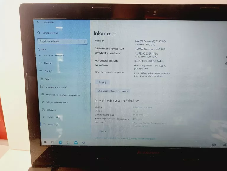 LAPTOP LENOVO G50 4GB 500GB WIN 10 HOME INTEL CELERON ZASILACZ , TORBA