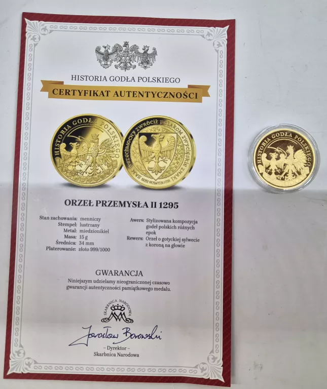 ORZEŁ Z PIECZĘCI PRZEMYSŁA II Z 1295 R. + CERTYFIKAT