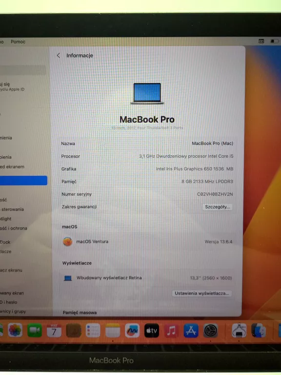 LAPTOP APPLE MACBOOK PRO A1706 13,3" I5 8 GB / 256 GB CYKL BAT. 803