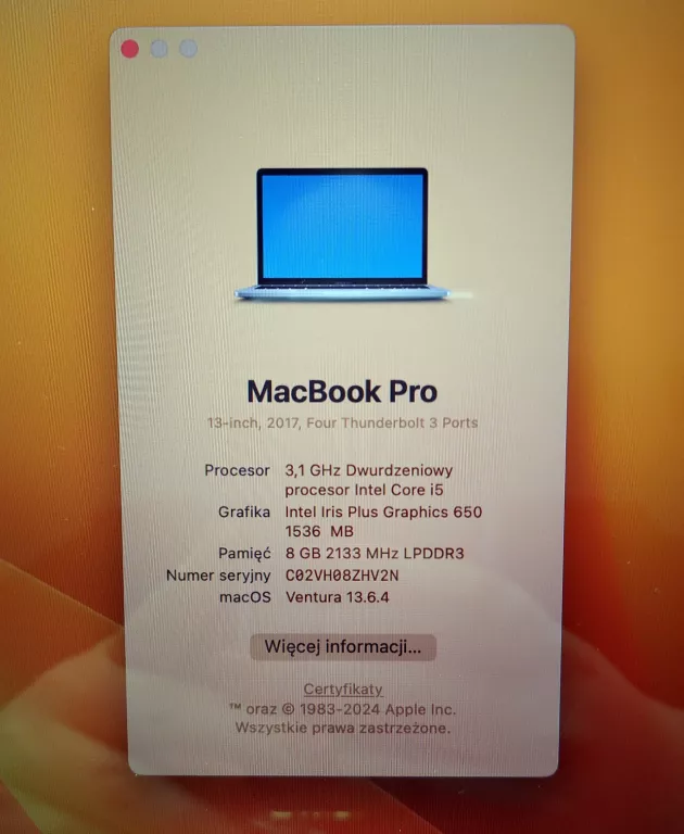 LAPTOP APPLE MACBOOK PRO A1706 13,3" I5 8 GB / 256 GB CYKL BAT. 803