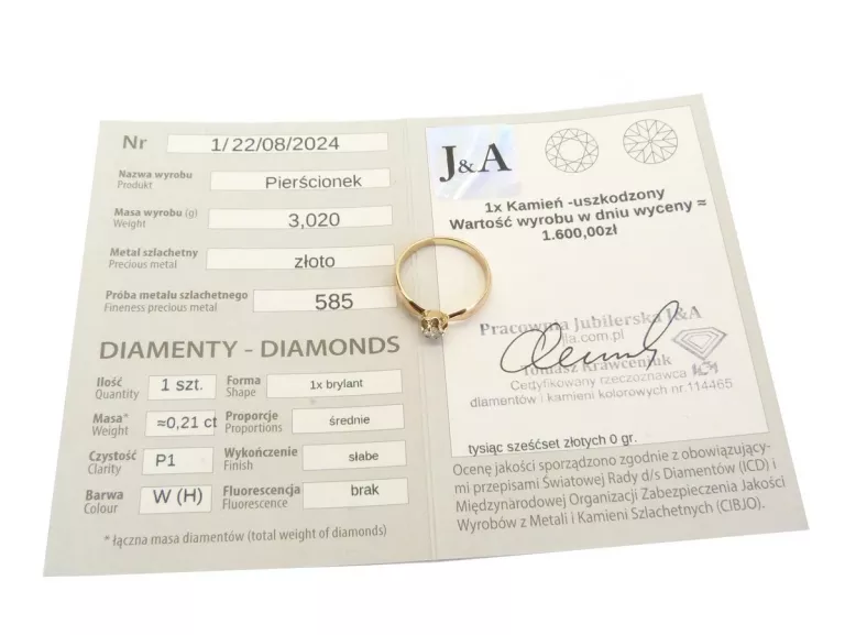 ZŁOTY PIERŚCIONEK Z BRYLANTEM 585 R18 0,21CT