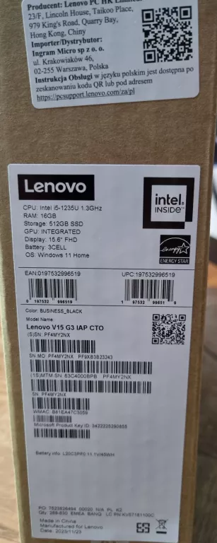 LAPTOP LENOVO V15 G3 INTEL I5-1235U 1,3GHZ/16GB RAM /512GB SSD/ 15,6'