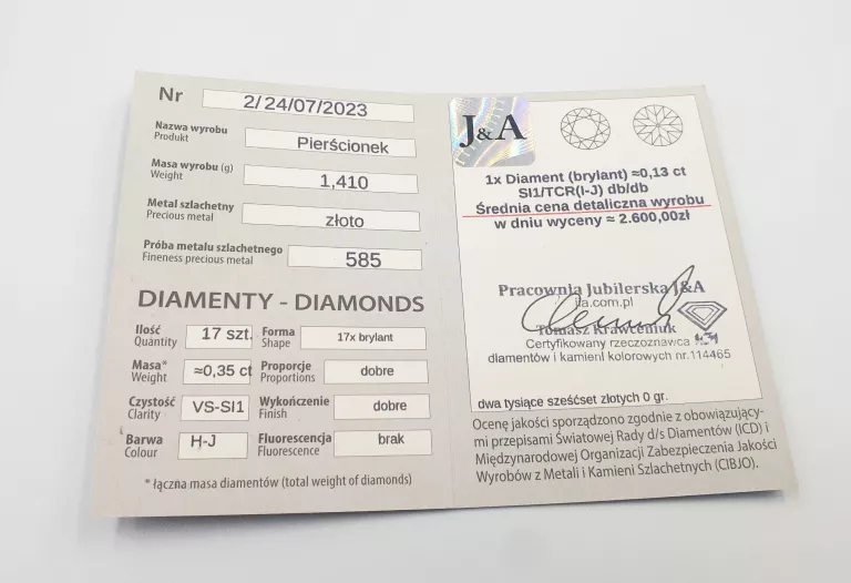 ZŁOTY PIERŚCIONEK Z DIAMENTAMI 1,41GR, P.585
