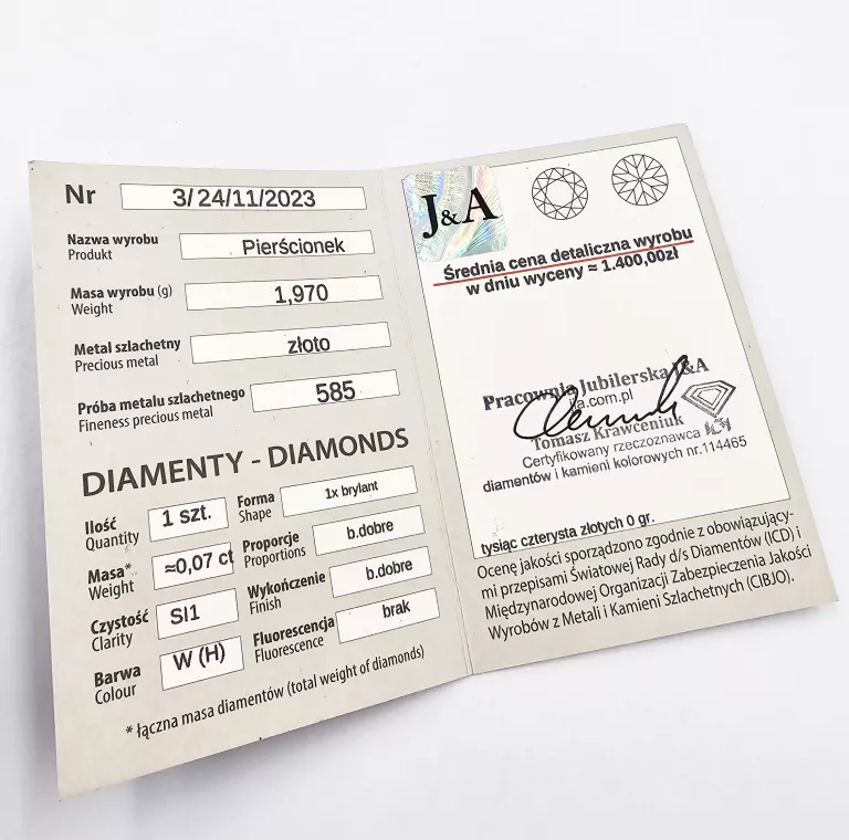 ZŁOTY PIERŚCIONEK Z BRYLANTEM 1,97GR, P.585 + CERTYFIKAT