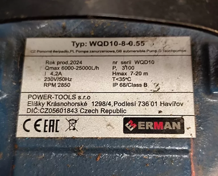 POMPA Z ROZDRABNIACZEM ERMAN TYP: WQS10-8-0.55 230V