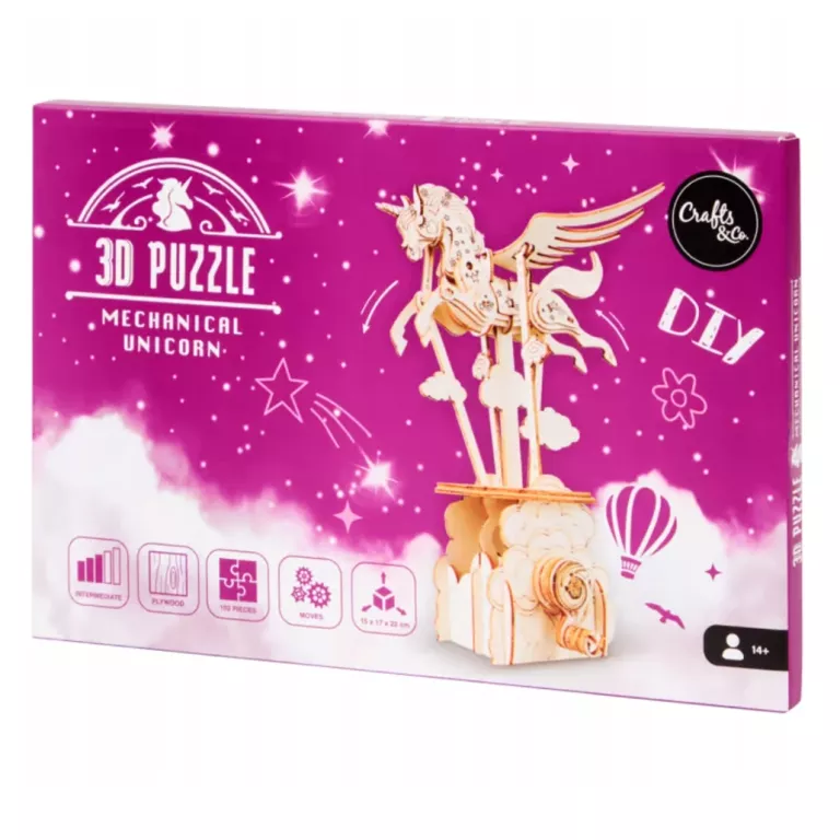 DREWNIANE RUCHOME MECHANICAL PUZZLE 3D DIY - JEDNOROŻEC UNICORN PEGAZ -17C