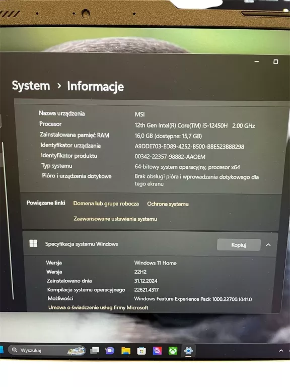 LAPTOP MSI CYBORG A12VE 057PL 16/522 GB SSD RTX4050-6 WIN 11 FV