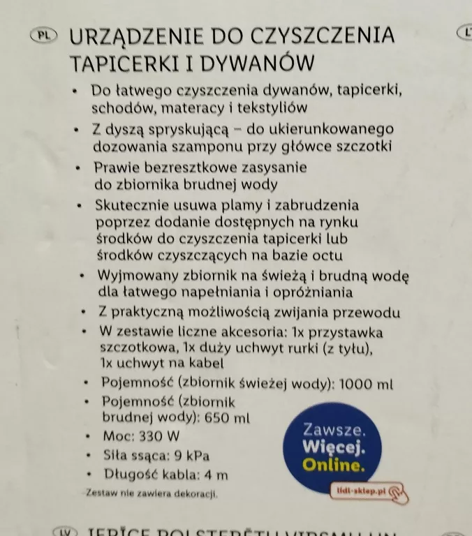 ODKURZACZ DO PRANIA TAPICERKI I DYWANÓW 330 W SILVERCREST