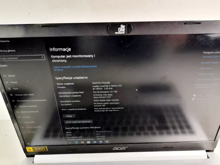 LAPTOP ACER ASPIRE 5 I7-10510U 16 GB / 512 GB EKRAN 15.6" WIN10 HOME
