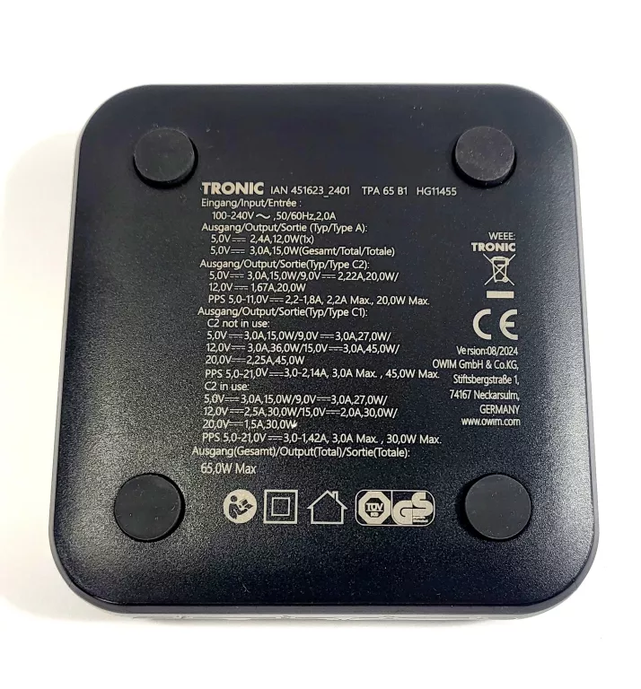 TRONIC ŁADOWARKA USB 4-PORTOWA, 65 W, CZARNA, KABEL 1,2