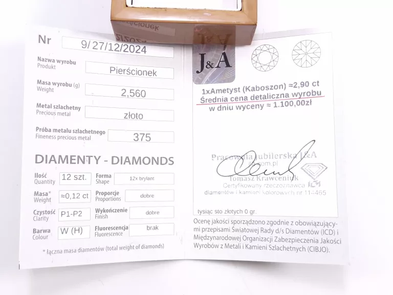 WYJĄTKOWY ZŁOTY PIERŚCIONEK AMETYST DIAMENTY P375 2,56G R16