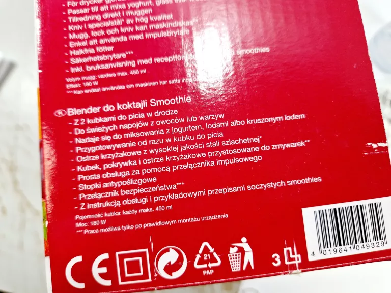 BLENDER RĘCZNY DO KOKTAJLI SMOOTHIE SILVERCREST SSM 180 A2 | 450ML | 180W