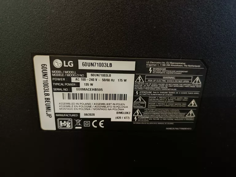 TELEWIZOR LG 60UN71003LB + KABEL ZAS. + PILOT