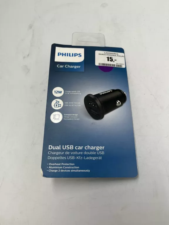 ŁADOWARKA SAMOCHODOWA PHILIPS CAR CHARGER 2 X USB A 12W