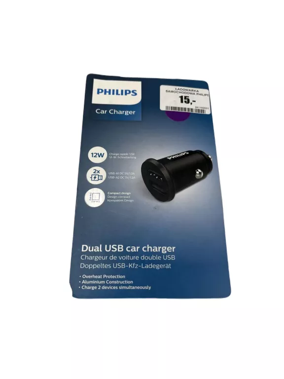 ŁADOWARKA SAMOCHODOWA PHILIPS CAR CHARGER 2 X USB A 12W