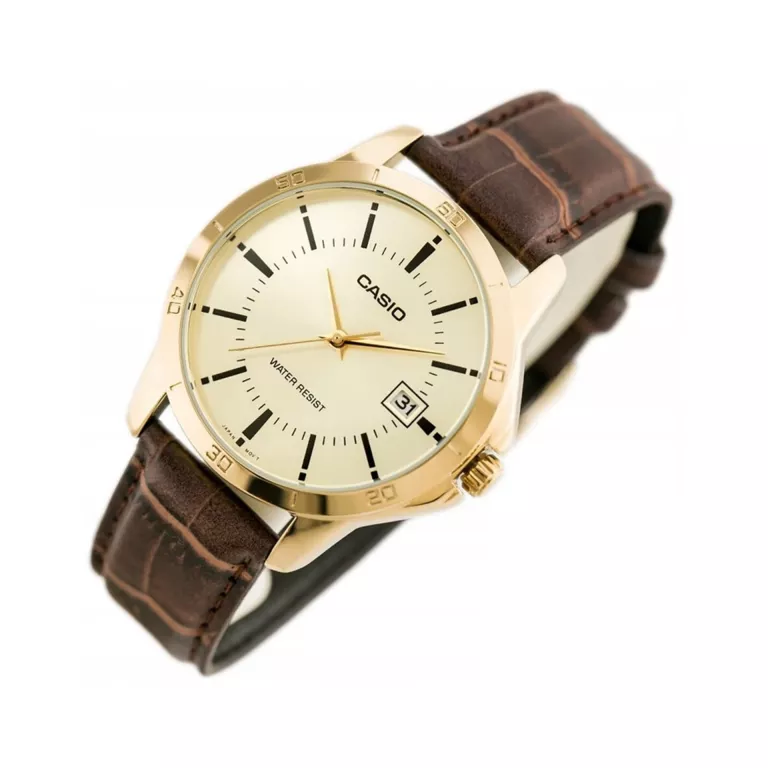 ZEGAREK MĘSKI CASIO MTP-V004 ZŁOTA TARCZA PASEK W BRĄZOWYM KOLORZE