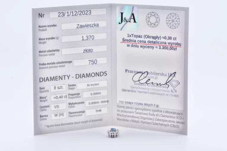 PRZEPIĘKNA ZAWIESZKA TOPAZ SWISS BLUE BRYLANTY 0,40 CT BIAŁE ZŁOTO 750